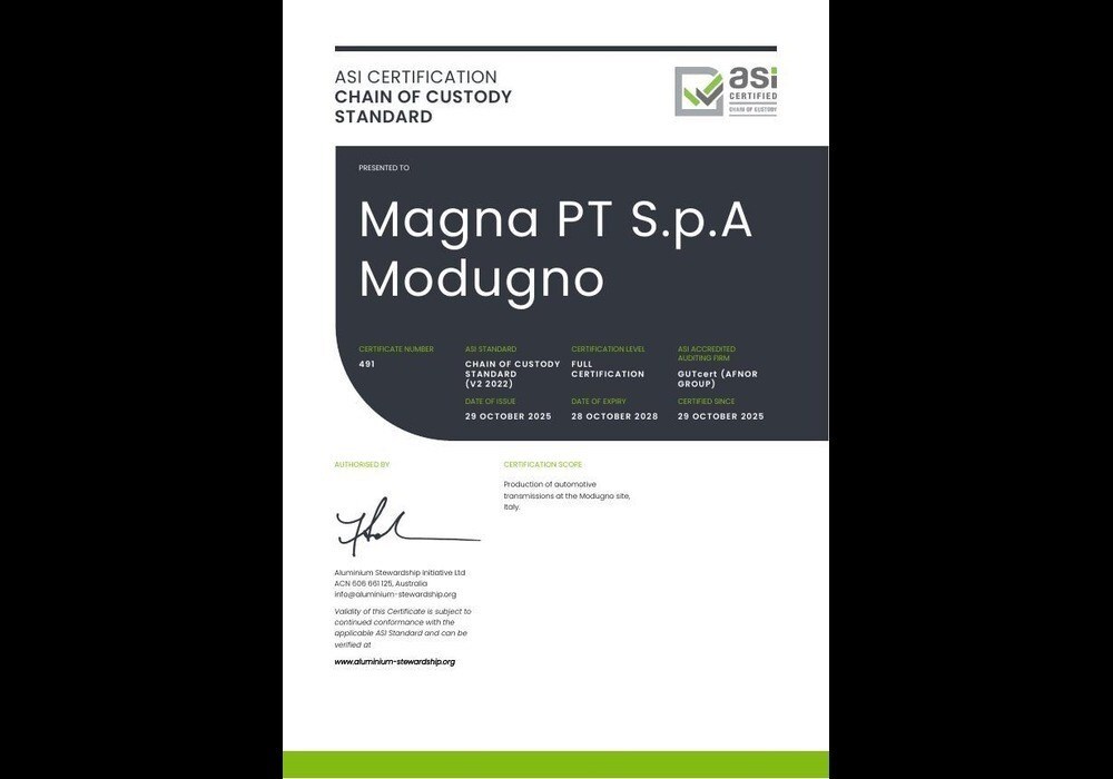 Magna Modugno certificata ASI Chain of Custody V2: trasmissioni automobilistiche a doppia frizione in linea con la sostenibilità