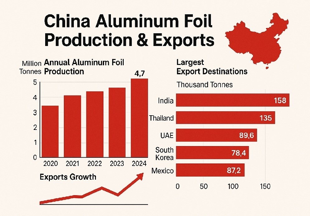 Aluminium foil: la Cina domina la produzione globale e espande le esportazioni di foglio di alluminio
