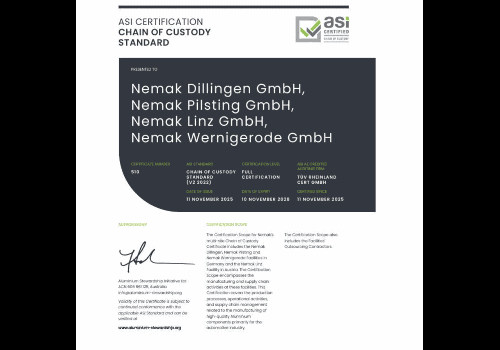 Nemak certificata ASI Chain of Custody V2: quattro impianti in Germania e Austria