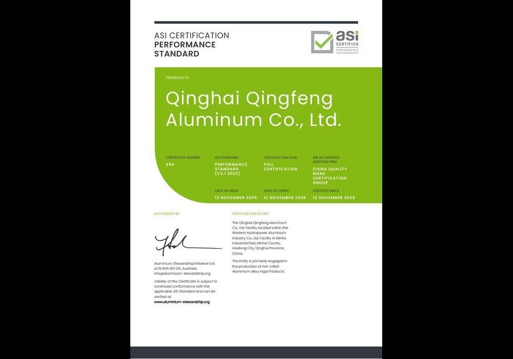 ASI certifica Qinghai Qingfeng Aluminum: 300.000 tonnellate di alluminio in linea con lo Standard di Prestazione V3.1