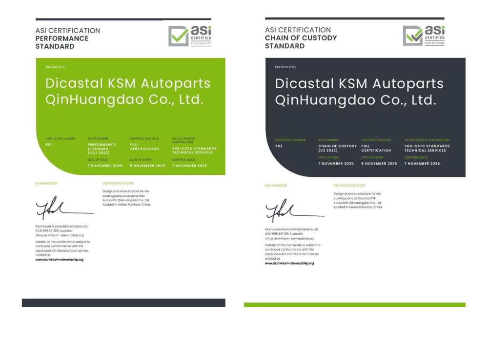 ASI certifica Dicastal KSM Autoparts QinHuangdao: Performance Standard V3.1 e Chain of Custody V2