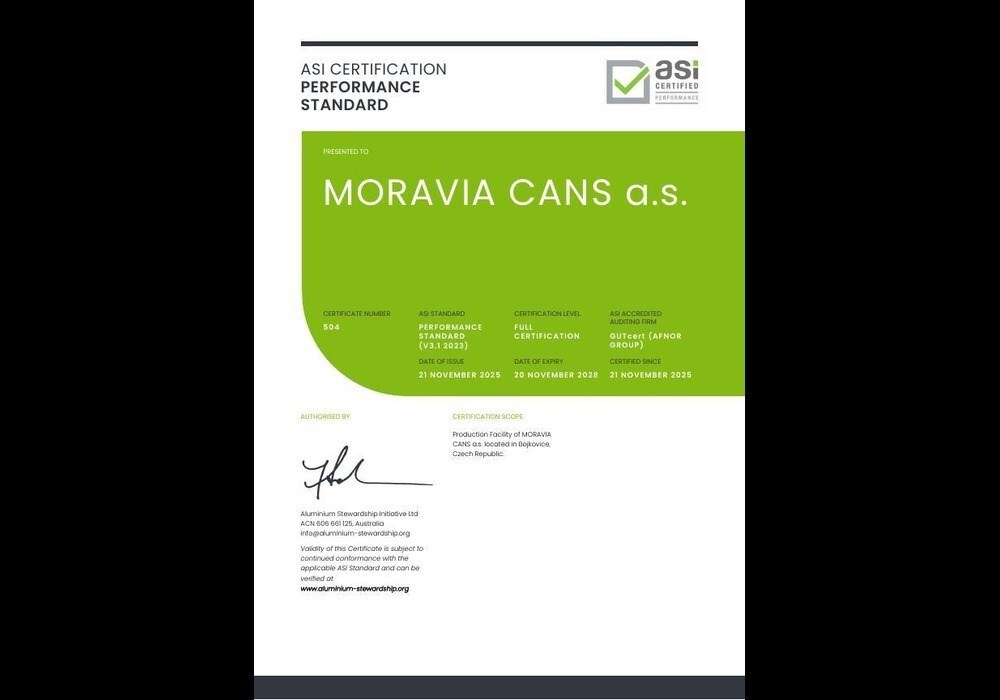 MORAVIA CANS a.s. ottiene certificazione ASI Performance Standard V3.1 per lattine in alluminio