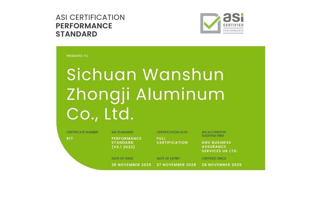 ASI certifica Sichuan Wanshun Zhongji Aluminum: 130.000 tonnellate di alluminio all'anno con standard di sostenibilità V3.1 e V2