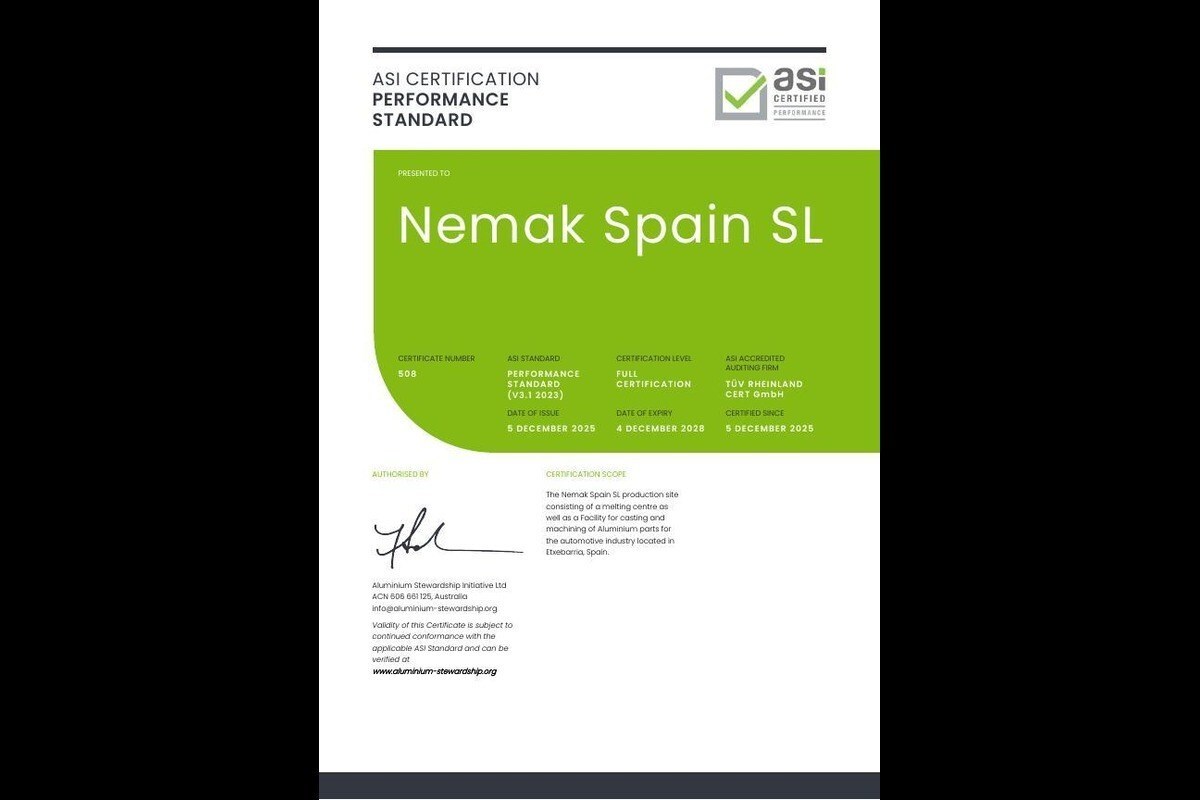 Nemak Spain SL certificata ASI Performance Standard V3.1: un passo verso la sostenibilità dell’alluminio automotive