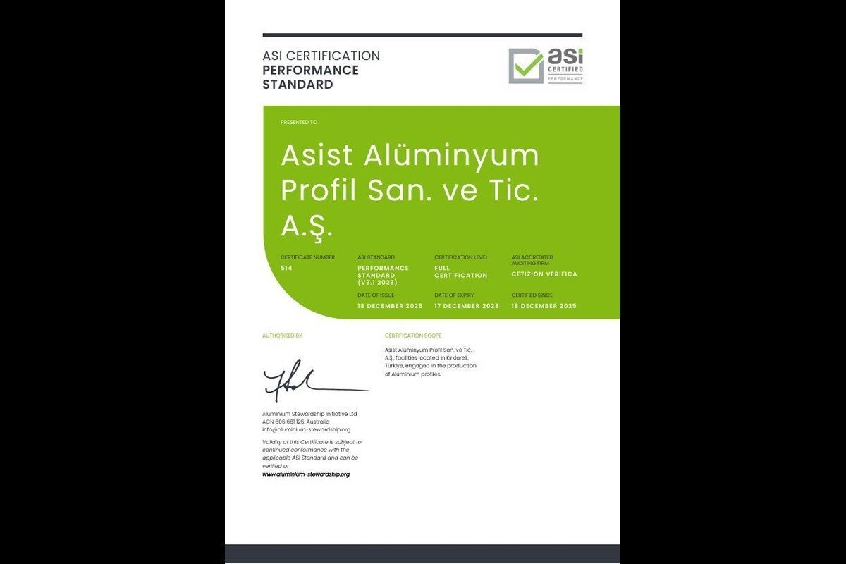 Asist Alüminyum Profil certificata ASI V3.1: un nuovo standard di sostenibilità per l'alluminio
