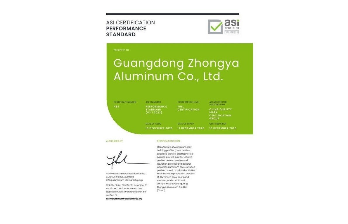 Guangdong Zhongya Aluminium certificata ASI V3.1: la sostenibilità nella produzione di alluminio