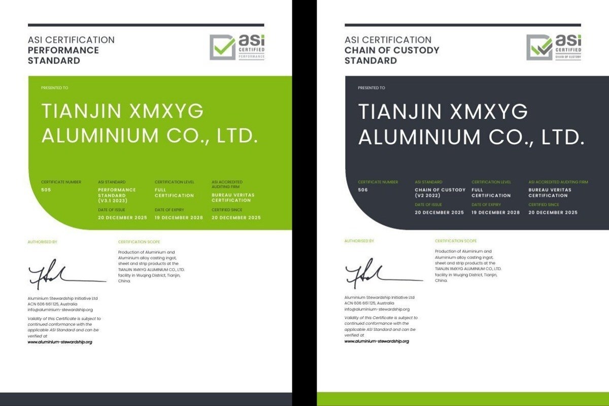 Tianjin XMXYG Aluminium certificata ASI: 522.064 tonnellate di alluminio sostenibile in Cina