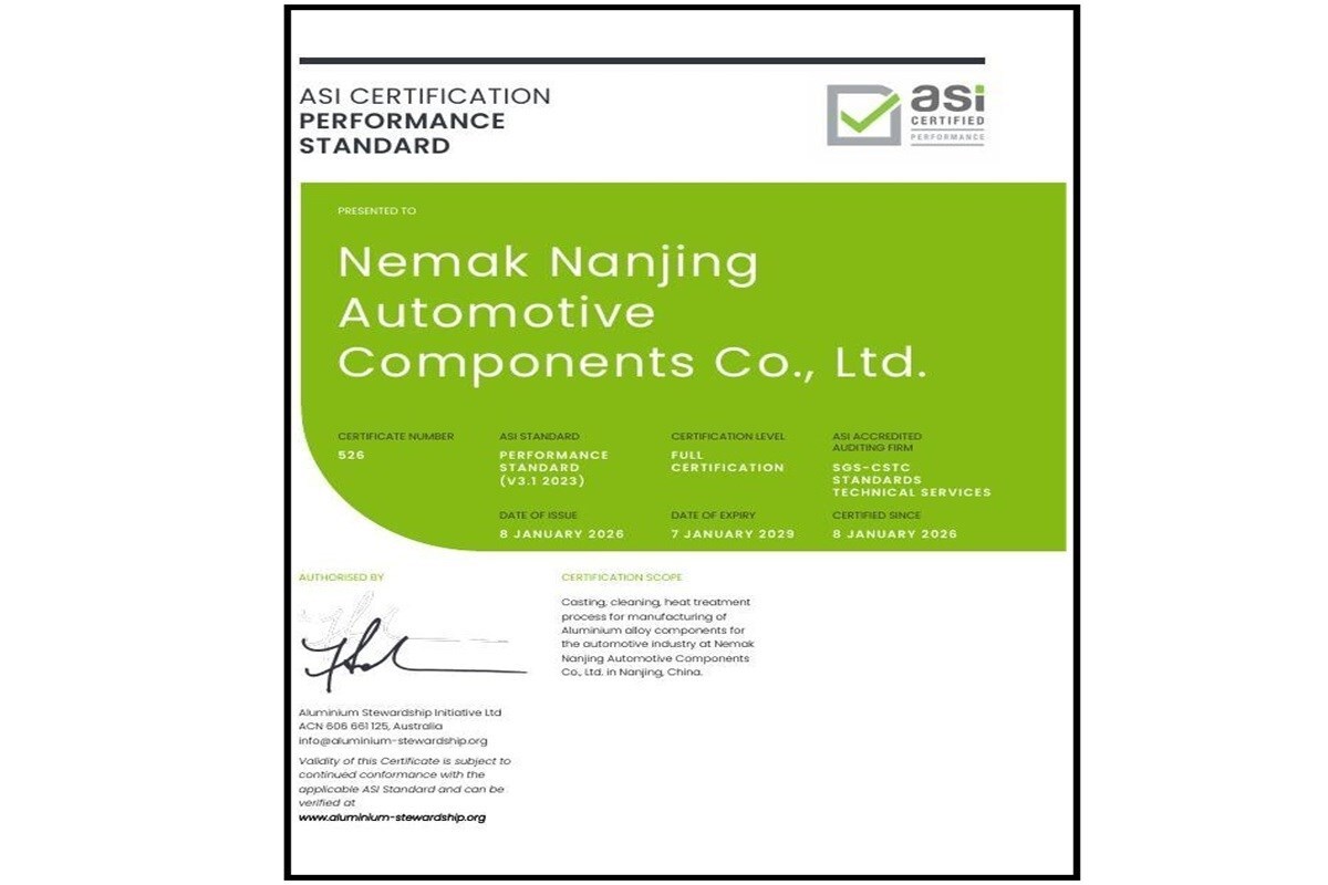Nemak Nanjing certificata ASI: un passo verso la sostenibilità nella produzione di alluminio per l’automotive