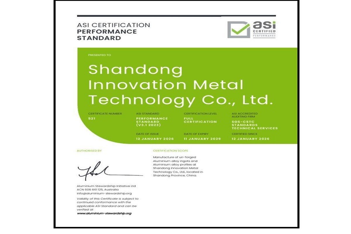 ASI certifica Shandong Innovation Metal Technology: nuovo standard V3.1 per la sostenibilità dell’alluminio