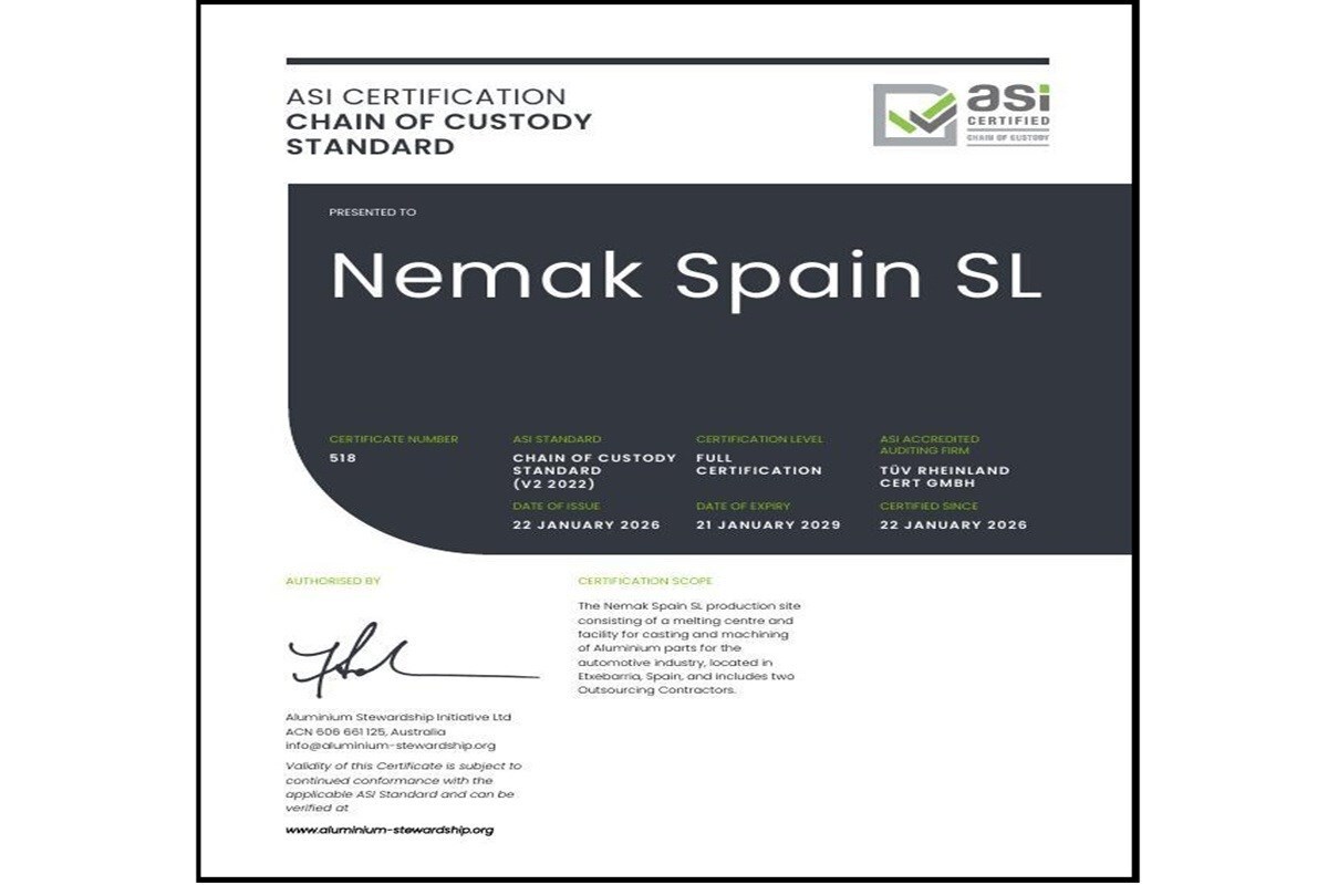 Nemak Spain SL ottiene certificazione ASI Chain of Custody: tracciabilità e sostenibilità per componenti alluminio automobilistico
