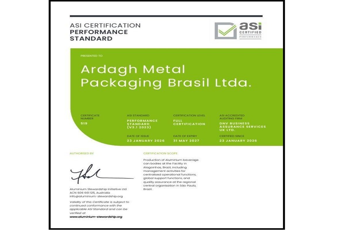 Ardagh Metal Packaging Brasil certificata ASI V3.1 per la produzione di lattine di alluminio