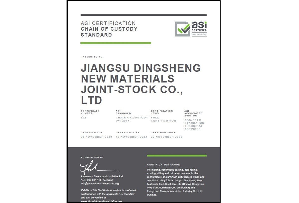 ASI certifica Jiangsu Dingsheng New Materials con lo Standard Chain of Custody V2 per l'alluminio