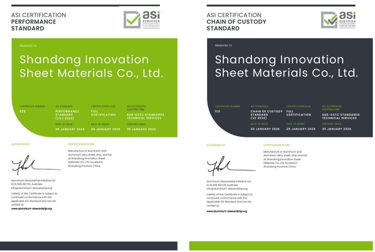 Shandong Innovation Sheet Materials certificata ASI: standard di sostenibilità V3.1 e catena di custodia V2